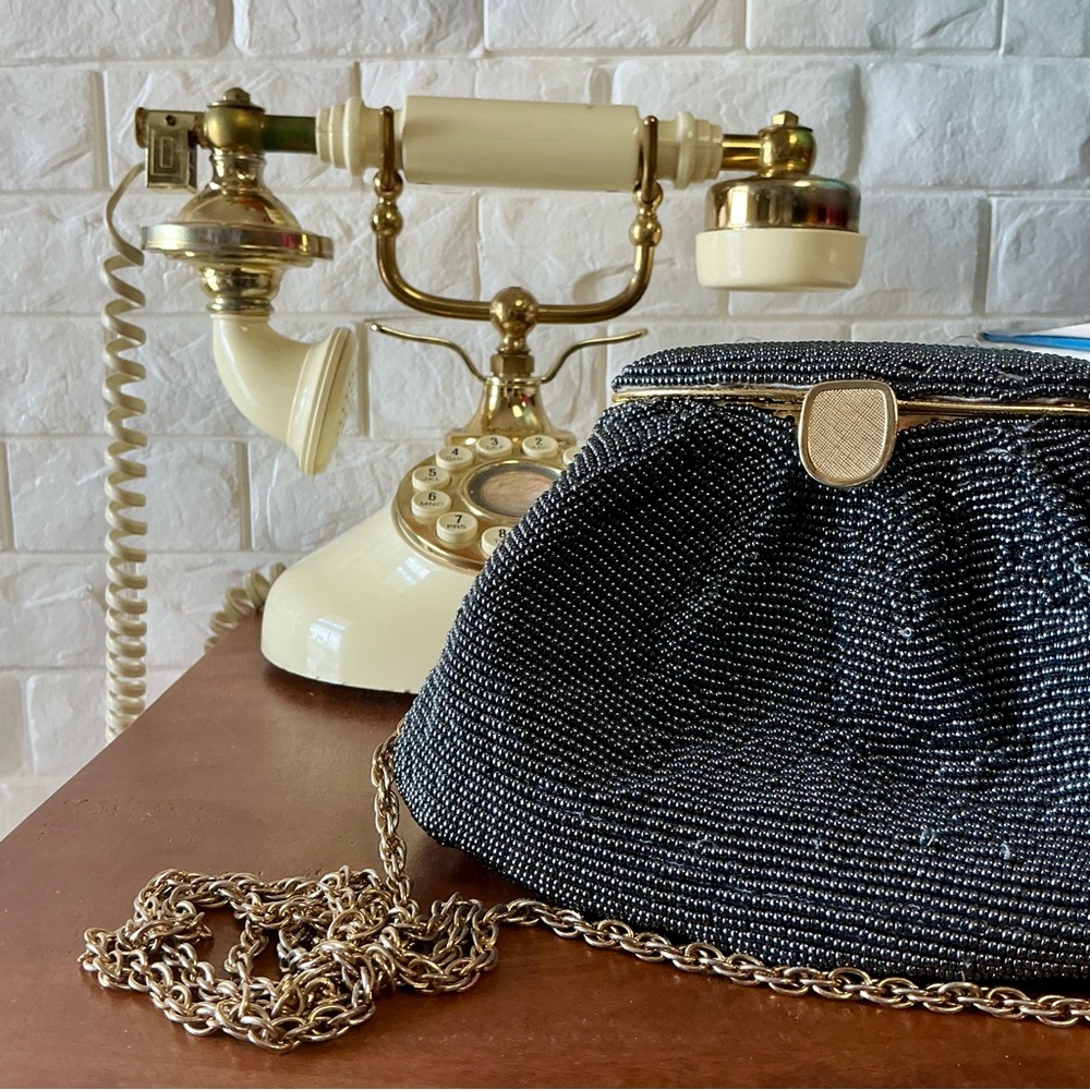 Vintage Nina Ricci Paris Pewter Beaded Evening Bag Gold-Tone Metal Clasp Frame - Picture 4 of 13